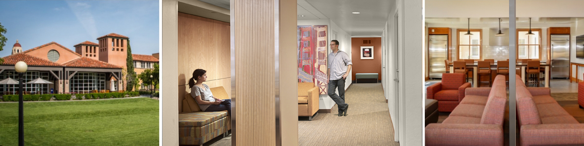 Gerhard Caspr Quad, Stanford students in a lobby, Interior of Ng Residence Hall