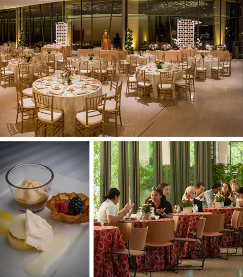 Bing concert hall dinner setup, a plate of dessert with a berry tart and custard cake, and people sitting at tables talking while enjoying dinner.