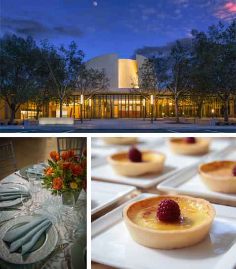 Exterior of Bing Concert Hall, dinner plate setup, and a raspberry tart. 