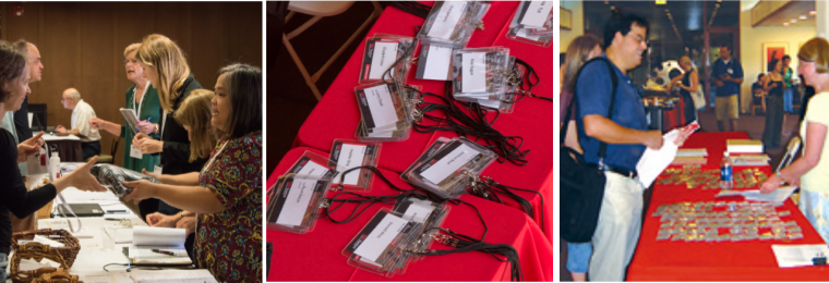 Registration managers attending to participants and branded nametags