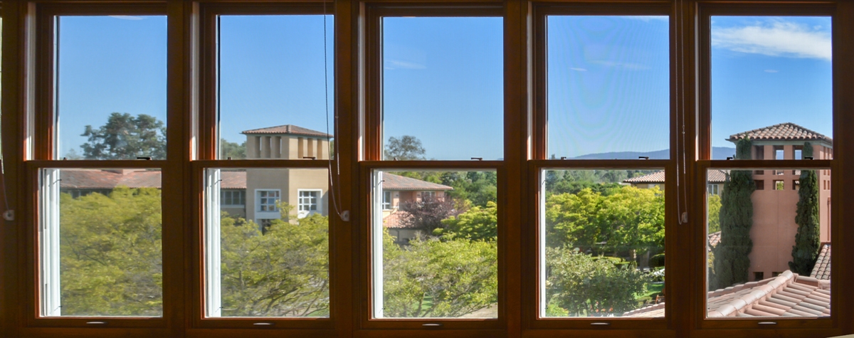 view of Gerhard Casper Commons from Humanities House third floor lounge